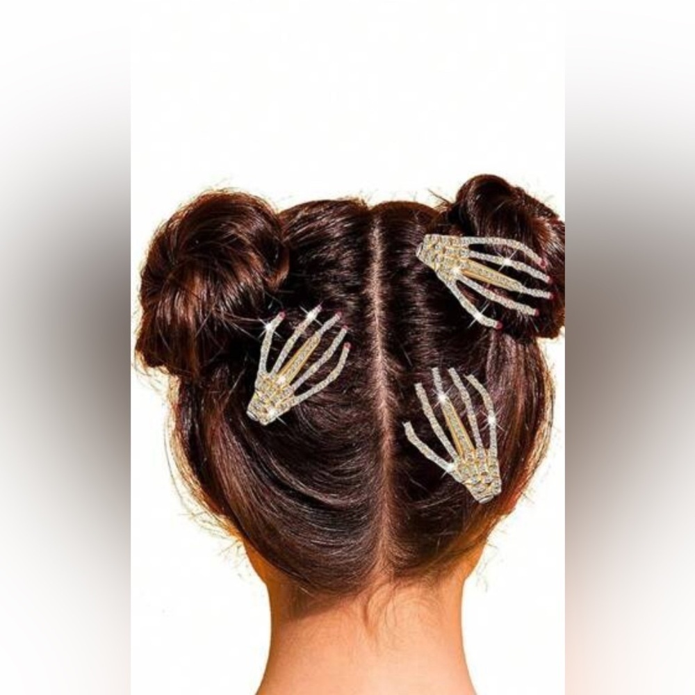 Skeleton hands Halloween hair clips rhinestone studded gold Red Nail New x2